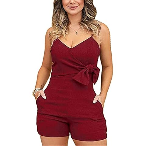 Kriccio Women V Neck Spaghetti Strap Short Jumpsuits Rompers Summer Sleeveless Bowknot Drawstring with Pocket Red Small Cover