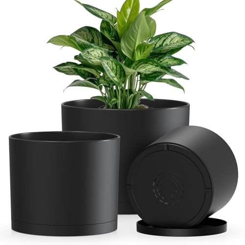 KUGAZ Plant Pots 10/9/8 Inch 3 Pack Cylindrical Flower Pots with Drainage Holes and Saucers Plastic Planters for Outdoor Indoor Plants Black