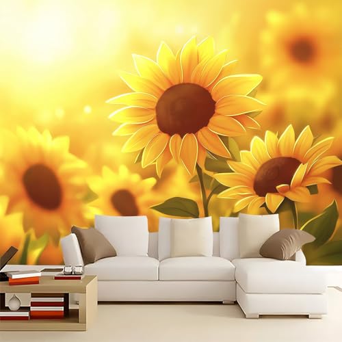 Murales Papel Pintado Salon Girasol amarillo 300x210 cm Fotomurales 3D Tejido No Tejido Papel Tapiz Fotográfico Decorativos Murales Dormitorio Oficina Hotel