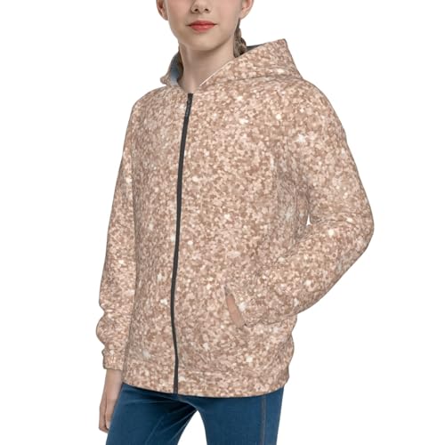 Beige Sparkling Glitter Kids Pullover Hoodies Boys Zip Up Sweatshirts Girls Athletic Clothes with Pocket