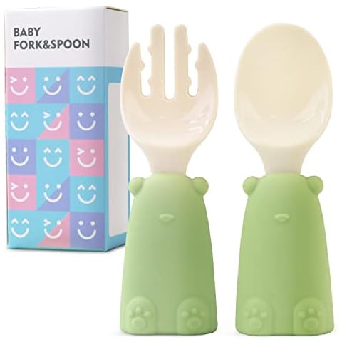 Baby Esslernbesteck bestehend aus Löffel und Gabel, Besteck Set mit Rutschfesten Griffen, Sicher, Ergonomischer Griff für Links- und Rechtshänder, Spülmaschinenfest (Olive) Cover