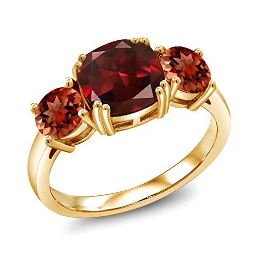 Gem Stone King 18K Yellow Gold Plated Silver Red Garnet 3 Stone Engagement Ring For Women (3.60 Cttw, Gemstone January Birthstone, Cushion 8MM, Available in Size 5,6,7,8,9)