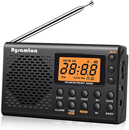 Rysamton Portable AM/FM/Shortwave Radio, Batteries Operated Pocket Radios, Large Digital Display, Clock Radio with Alarm and Sleep Function, Earphone Included (Black)