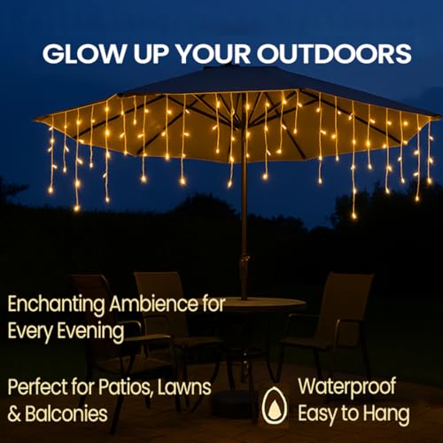 Image of MIRADH Icicle Diwali Lights Outdoor, 10ft 96 LED with 16 Drops Icicle Lights, Plug in Lights with 8 Modes Waterproof for Decoartion Light for Diwali, Christmas, Birthday, Ganesh Puja (Warm White)