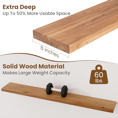 Image of Floating Shelves for Wall Decor, 8 inch Deep Rustic Solid Elm Wood Floating Shelves Wall Mounted, Wall Shelves with Invisible Bracket for Living Room Bathroom Bedroom Kitchen, 55 Inch Set of 1, Natural