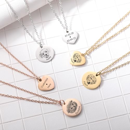 INBLUE Personalisierte Haustier Porträt Halskette für Frauen Edelstahl Rund/Herz Scheibe Gravur mit Bild Name Angepasst Haustier Verlust Gedenk Geschenke für Haustier Liebhaber A2 - Silber