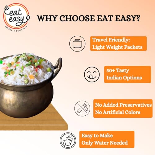 Image of Eat Easy Ready To Eat Jain Veg Pulav- 95gm (Pack of 2) | Freeze Dried, Lightweight, No Moisture, Expands After Adding Hot Water, Instant Pulao / Vegetable Rice for Travel, Camping & Trekking, Train /Flight, Quick Lunch Dinner
