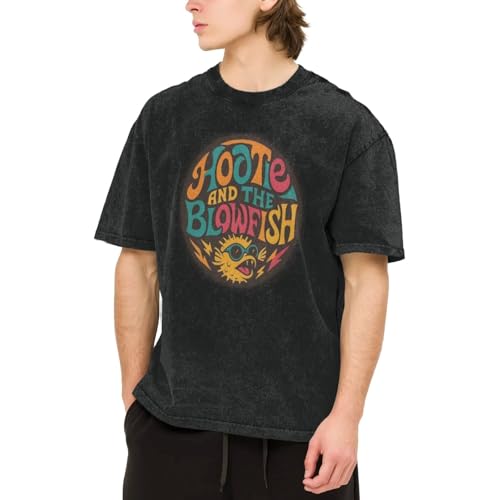 Mens Washed Print Cotton T-Shirt Cotton Hootie and The Rock Blowfish Avant-Garde Nostalgic Breathable Round Neck Short Sleeves for Street Large