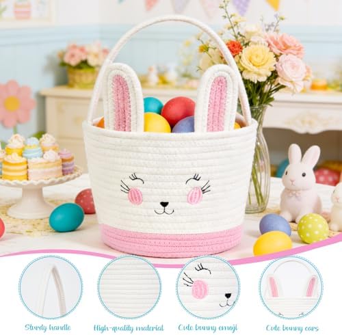 2 Pack Easter Bunny Baskets with 2 Wooden Bunny Ornaments, Egg Hunt Baskets, Easter Gift Baskets for Egg Hunting, Candy, Easter Decorations (pink+blue) - 2