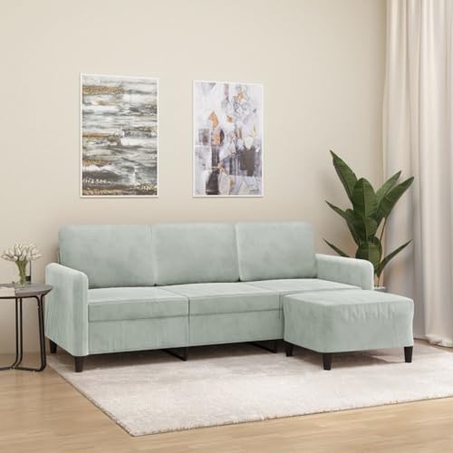 Emmtore Sofá de 3 plazas con Taburete de Terciopelo Gris Claro 180 cm, Sofa 3 plazas