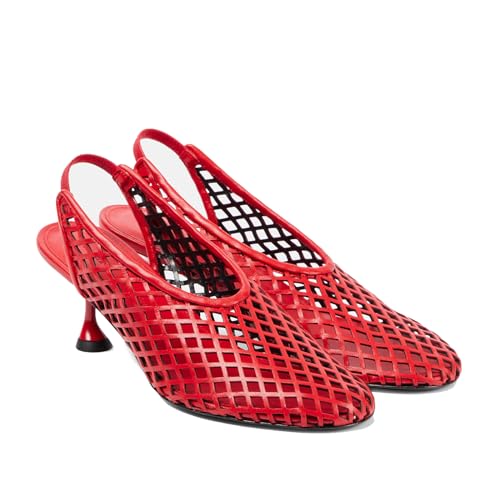 Women's Leather & Mesh Slingback Pumps, Closed Round Toe Fishnet Stiletto Heels for Casual Office Spring Shoes