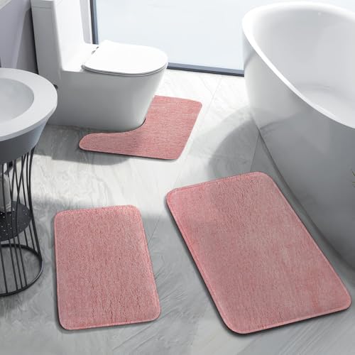 Image of XenluxeMicrofiber Bath Rug Set - Ultra Soft Plush Bathroom Mats, Non-Slip Absorbent Bath Mat + U-Shaped Contour Toilet Rug, Machine Washable, Modern Bathroom Decor - (Pink, Standard)