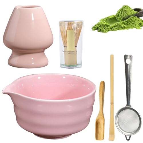 Ensemble à thé matcha 6 pièces, comprenant un fouet à matcha, un agitateur à matcha, un bol à matcha avec bec verseur, un support pour agitateur à matcha et une cuillère en bambou (rose).