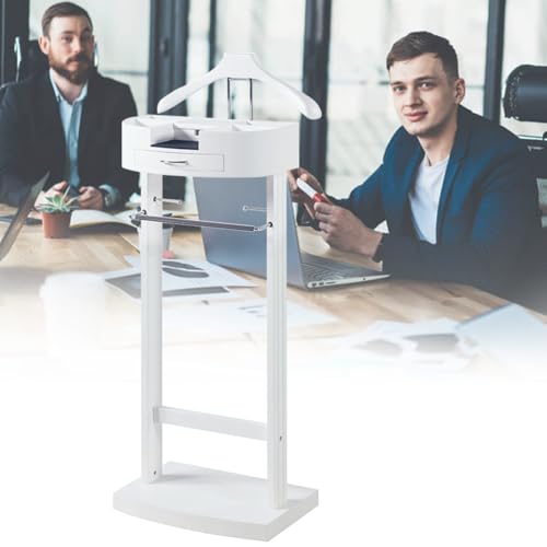 Perchero de pie de madera maciza con colgador para pantalones y compartimento de almacenamiento, multifuncional, color blanco, 43 x 34 x 106 cm