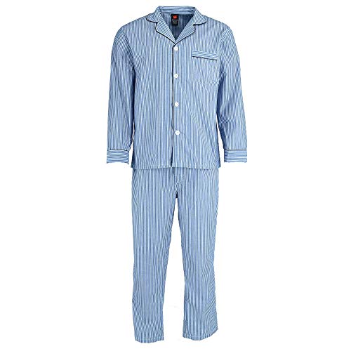 Hanes Men's Big & Tall Broadcloth Long Sleeve Pajama Set, Blue Strip, XXX-Large