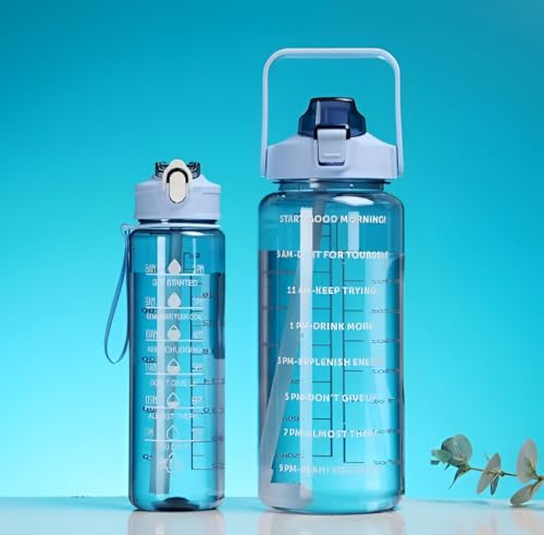 Image of Motivational Water Bottle Set | Pack of 3 | 2000ml, 900ml, 500ml | Time Marker Water Bottles with Straw | BPA Free Leakproof Sports Bottles for Gym Workout Daily Hydration Use