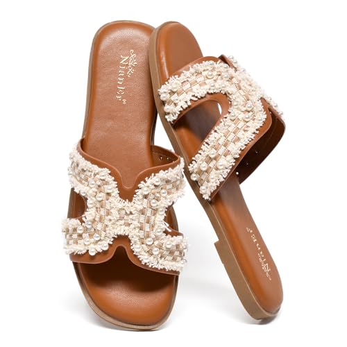 Image of NianEr Womens Microfiber Leather Memory Foam H Sandals Summer Shoes Slides | Flat, Comfortable, Slip On, Dressy, Dress, Beach, Vacation, Designer, Comfy, Casual, Bridal, Church, Boho, Office, Work