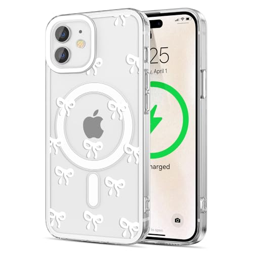 EYZUTAK Magnetic Case for iPhone 11, Compatible with MagSafe, Clear Cute Ribbon Bowknot Pattern Aesthetic Bow Phone Case Stylish Slim Anti-Yellowing Durable PC Protective Cover for Women Girls- White