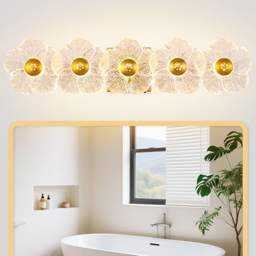 Image of MantoLite 26.7'' Bathroom Light Fixtures Modern Vanity Light Over Mirror Adjustable 3000K-6000K Picture Lights Art Light with Floral Clear Glass Shades for Living Room Bedroom (5 Light Gold)
