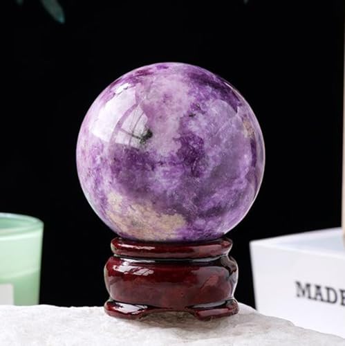 Lépidolite quartz sphère avec support bois et mica violet