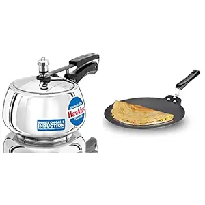 STH Hawkins Stainless Steel CONTURA Pressure Cooker 3 litres & Hawkins Futura Nonstick Dosa Tava, 28 cm, Black Combo