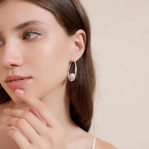Image of Lightweight Teardrop Hoop Earrings for Women - 14k Gold /White Gold Plated Large Oval Pull Through Hoop Earrings High Polished Statement Jewelry Gift for Women