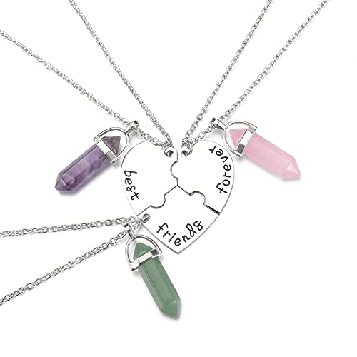 JSDDE Collar con colgante de corazón de la amistad grabado con cristales naturales para siempre y siempre, diseño de rompecabezas, Cristal Metal Piedra, Amatista, cuarzo