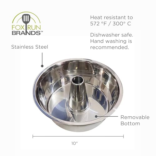 Image of Fox Run Angel Food Cake Pan, Stainless Steel, Removable Bottom, 10 inch x 5 inch | Bake Bundt Cakes & Angel Food Cakes | Durable Stainless Steel Tube Cake Pan | Consistent Results | Essential Baking Pan