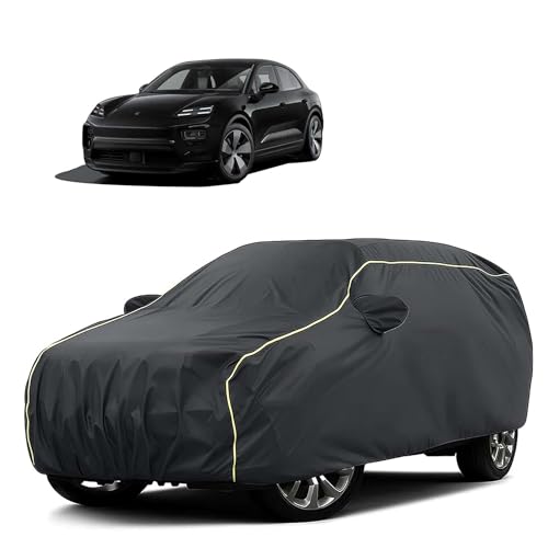 Image of Sulfar 100% Water Resistant Car Body Cover Compatible with Mirror for Porsche Macan (Triple Stitched, Full Bottom Elastic, Dark Grey Tafetta with Yellow Piping)