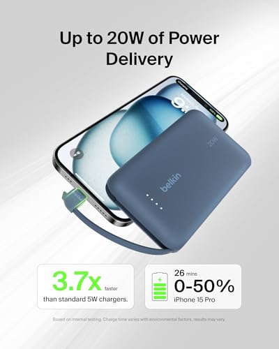 Image of Belkin Portable Charger Power Bank USB C, 10000 mAh w /Integrated Cable, 20W Fast Charge USB-C Power Delivery, iPhone Charger, Apple iPhone 17, Air, Pro, Pro Max, iPad, Samsung Galaxy S25 - Blue
