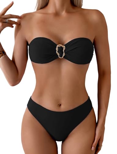Tainehs Women's Strapless Bikini Sets Tube Top Bandeau Swimsuit Tie Back Mid Rise Two Piece Bathing Suits