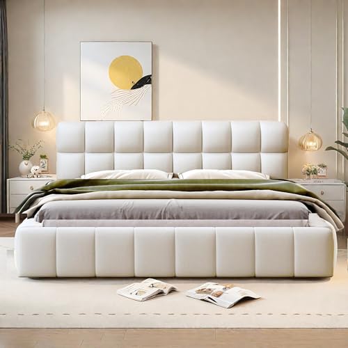 DULRLLY Polsterbett 140 x 200 cm,Doppelbett mit Lattenrost, Bubble Bett Jugendbett mit Gepolstertes Kopfteil, Gepolstertes Bett für Schlafzimmer und Gästezimmer,ohne Matratze, Leinenstoff (Weiß)
