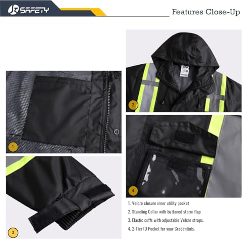 Image of JKSafety Hi Vis Rain Jacket for Men Women Safety Rain Gear Black XL