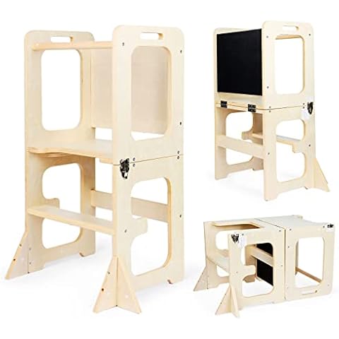 Asweets 4 in 1 Toddler Learning Standing Tower, Toddler Step Stool Table Combo, Wooden Kitchen Step Stool for Toddlers with Chalkboard, Anti-Slip Protection, Ideal Helping Tower for Toddlers Cover