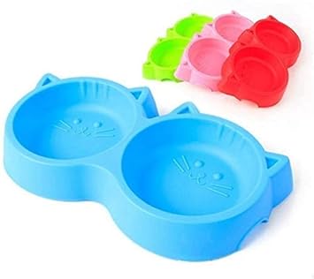Pet Guard Non-Slip, Non-Toxic Pet Feeding Plastic Cat Face Shaped Double Bowl Food & Water Feeder 2-in-1 Bowl for Dogs and Cats, Blue (Color May Vary)