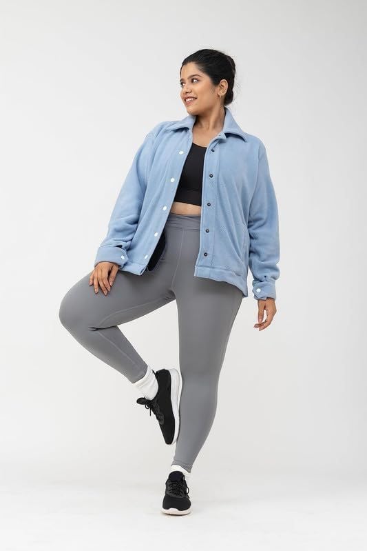 Spirit Animal Plus Size Standard Length Jackets For Women with Snap Buttons, Iceberg | Fleece Jackets Winter Wear | Full Sleeves Jacket with Buttons | Relaxed Fit | Fleece Pullover-3XL,Blue 3