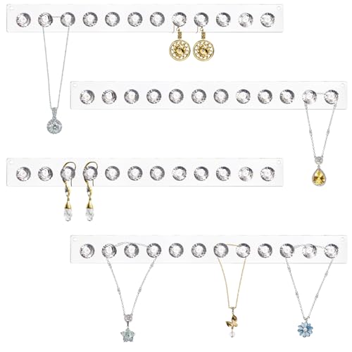 Peohud 4 Pack Necklace Hangers Wall Mounted, Acrylic Necklace Holder, Jewelry Holder Organizer with 12 Diamond Shape Hooks for Necklaces, Bracelets, Chains, Earrings, Gift for Girls Women