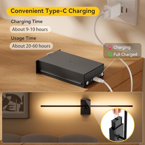 Image of Ouyulong Battery Operated Wall Sconces Set of 2, 10000mAh Wireless Rechargeable 3000-6000K Dimmable 350 Rotate Wall Light with Remote for Living Room, Bedroom 27.6in Black