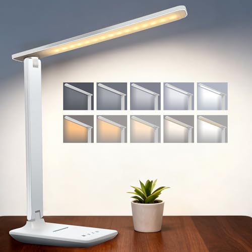 LED Portable Bright Rechargeable Desk Lamp 4000mah Dimmable Touch Battery Operated Eye-friendly Desk Light With Charger Adjustable Modern Cordless Table Lamps For Office Home Nail Craft Puzzle White