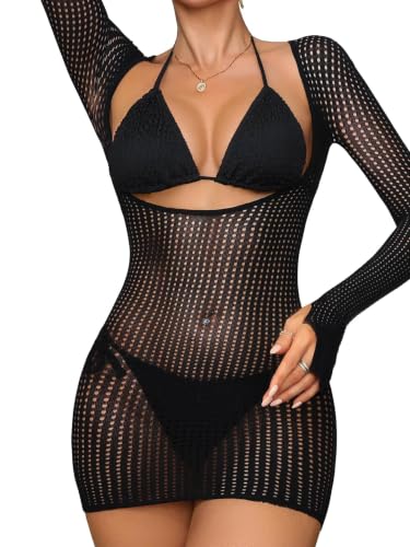 Image of Lilosy Sexy Crochet Sheer Long Sleeve Cover Up Swim Bathing Suit Beach Dress One Piece