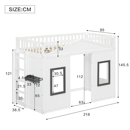 MOBETTRES Etagenbett, Hausbett, mit Treppe, mit Fallschutz und Gitter, Kinderbett mit Fenster, Frei gestaltetes Unterbett, Rahmen aus Kiefer, Kiefer+MDF, Weiß, 90x200cm (A)