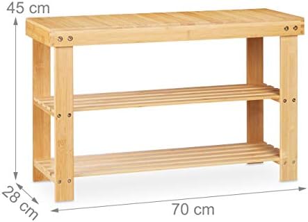 Relaxdays Bamboo Shoe Rack with Seat and 2 Shelves, Hallway, Bathroom Bench, 45 x 70 x 28 cm, Natural, 1 Piece