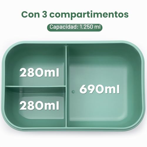 Miniatura 4 de Fiambrera,1250ml Lunch Box Caja Bento A Prueba De Fugas Para Niños Adultos,Recipiente Para Alimentos Con 3 Compartimentos Y Juego De Cubiertos,Lonchera Comidas Aptos Para Microondas Y Lavavajilla