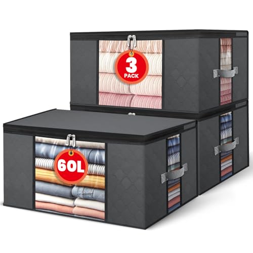 NEWSONA 3 Pezzi Contenitori Sottoletto 60L per Vestiti, Borse Salvaspazio Pieghevoli in Tessuto non Tessuto 120g con Doppia Finestra Trasparente Frontale e Laterale, Maniglie Rinforzate, Grigio