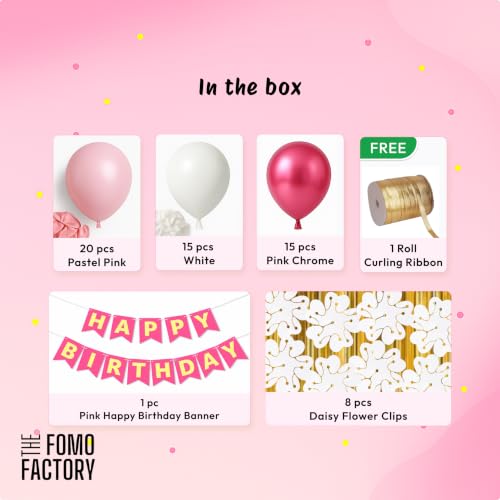 Image of The FOMO Factory 8 Pcs Flower Balloon Clips + 50 Pcs Metallic Chrome Balloons - Pink Birthday Decoration Kit with Pink Golden HBD Banner | Reusable Party Props Kit for Girl Birthday (PinkFC)
