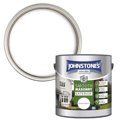 Johnstones Exterior Smooth Masonry Paint - Brilliant White | Brick Concrete Patio & Outdoor Walls |15 Years Protection Weather & Dirt Resistant | 30m Coverage Per Tin Dry in 1-2 Hours | 2.5 L