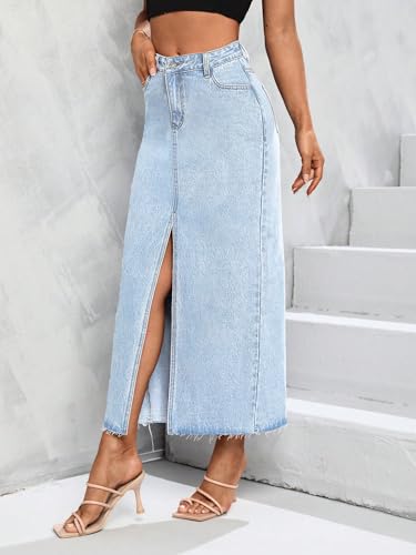 Women's High Waist Stretch Maxi Denim Skirt Front Split Frayed Raw Hem A line Casual Long Jean Skirt3