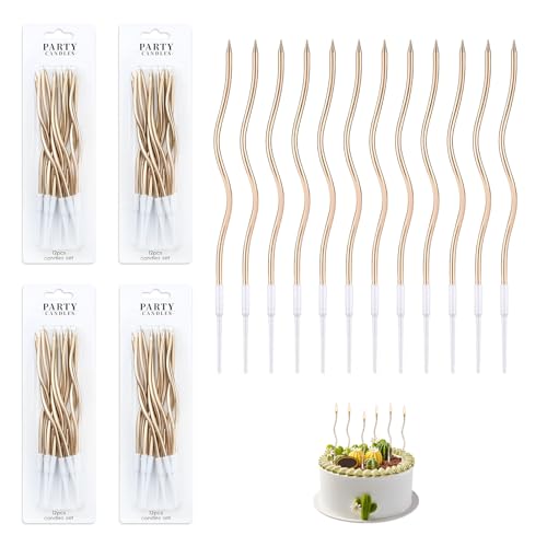 48 Stück Spiral Kuchen Kerzen Geburtstagskerzen für Torte Party Dekoration Kerzen mit Ständer. Metallic Tortendeko für Geburtstag Kinder Erwachsene Hochzeit Jubiläum Party Champagner-Gold15 cm Hoch
