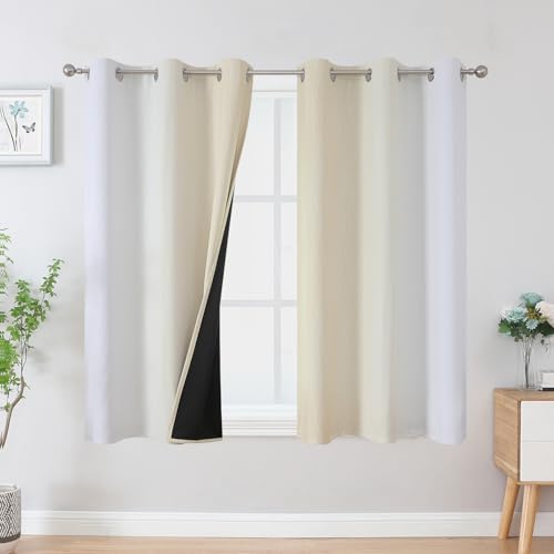 Estelar Textiler Beige and Greyish White Ombre Blackout Curtains 45 Inch Length 2 Panels, Full Room Darkening Gradient Drapes for Kitchen, Thermal Insulated Grommet Short Curtains for Bathroom,42Wx45L