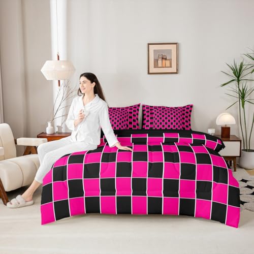 Image of Erosebridal 7 Pcs Hot Pink Black Grids Comforter Set Twin Geometric Checkered Bed in A Bag with Sheets for Kids Girls Teen Women Bedroom Decor,Aesthetics Plaid Bedding Soft Lightweight Bed Set